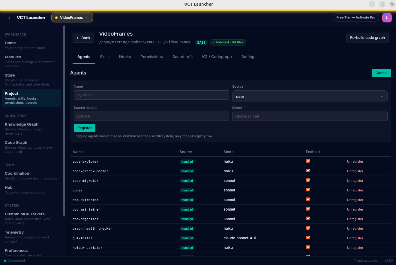 Agents tab with Register form expanded