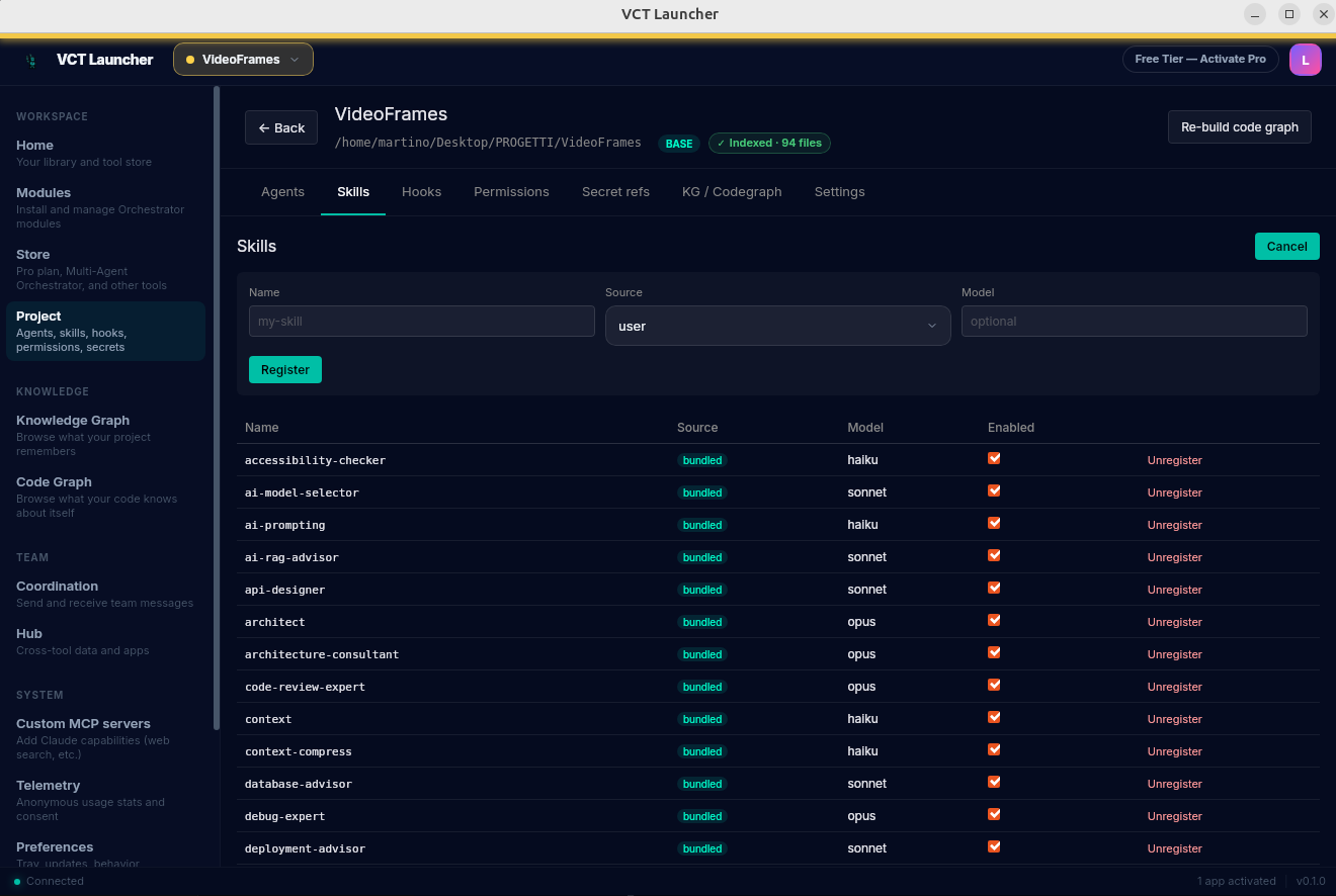 Skills tab with Register form open