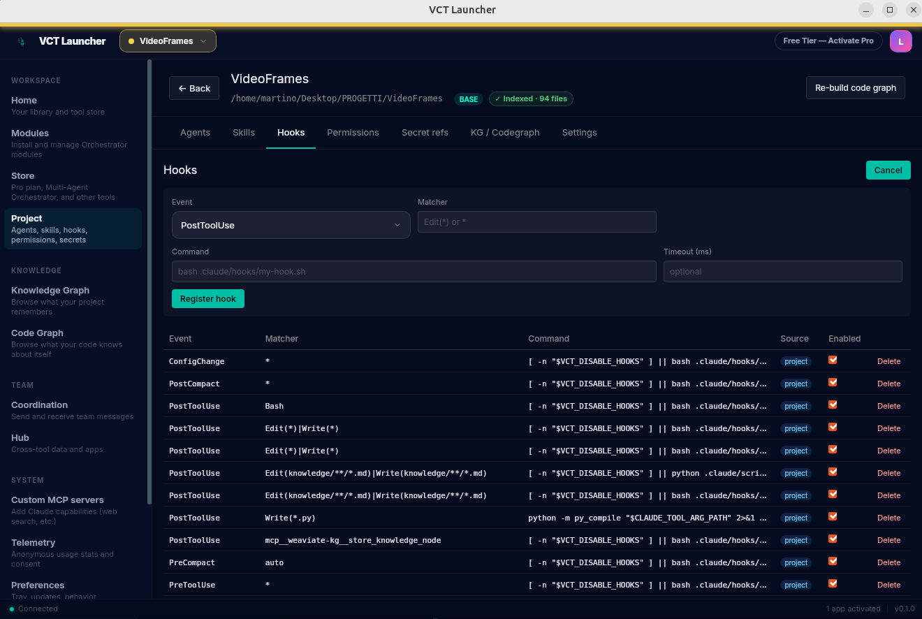 Hooks tab showing PostToolUse / PreToolUse hooks with matchers