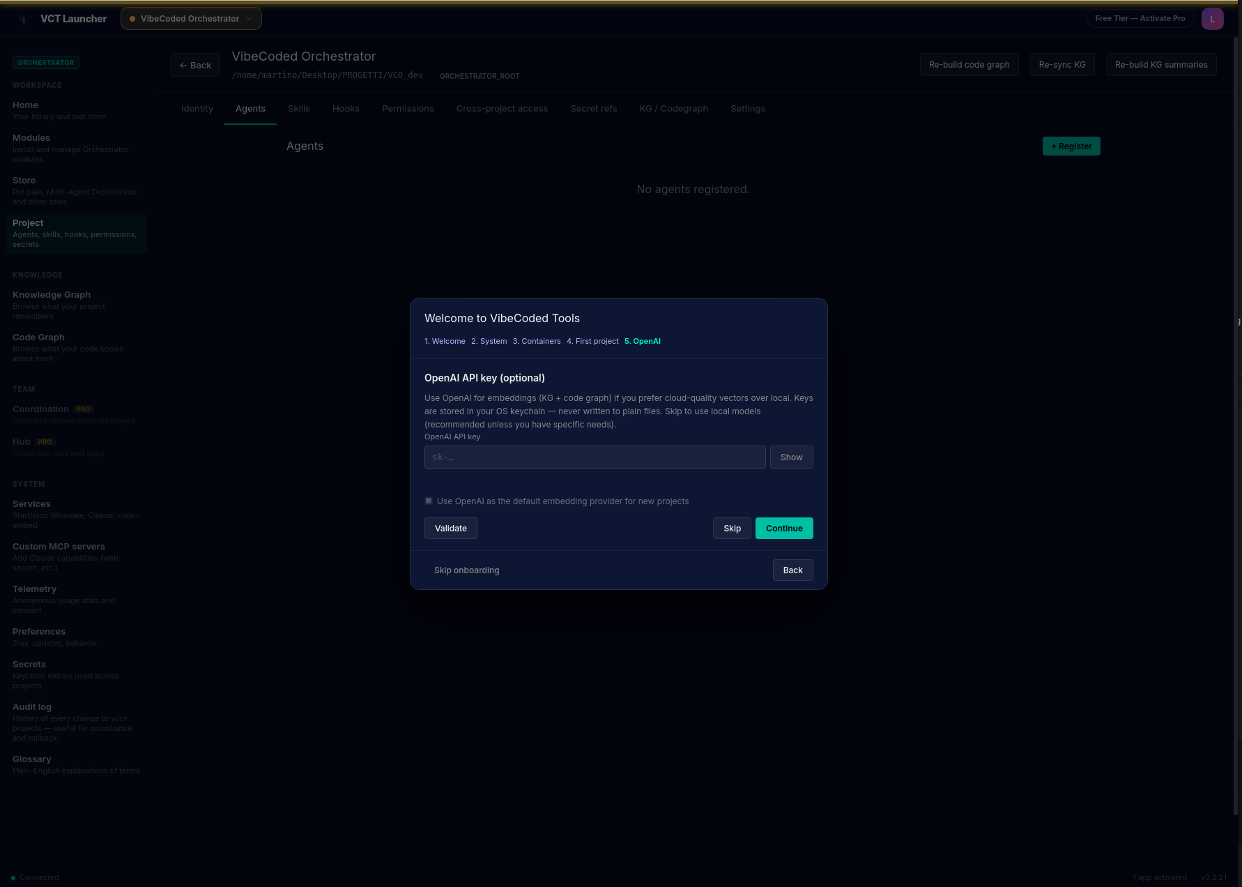 OnboardingWizard step 5 β OpenAI: password-masked input for the OpenAI API key with a Validate button, a 'Use OpenAI as the default embedding provider for new projects' checkbox, and Skip / Continue actions
