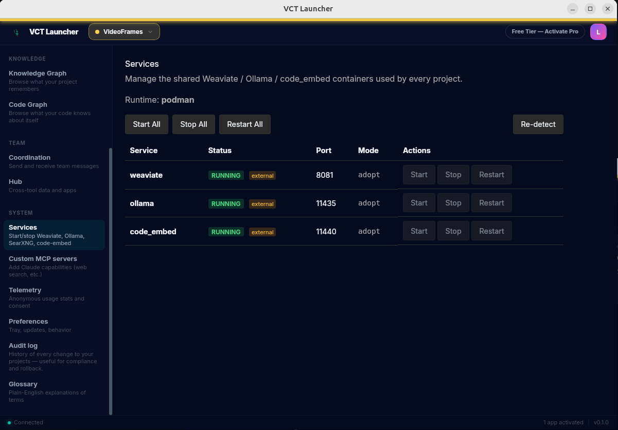 Services page showing weaviate / ollama / code_embed all RUNNING