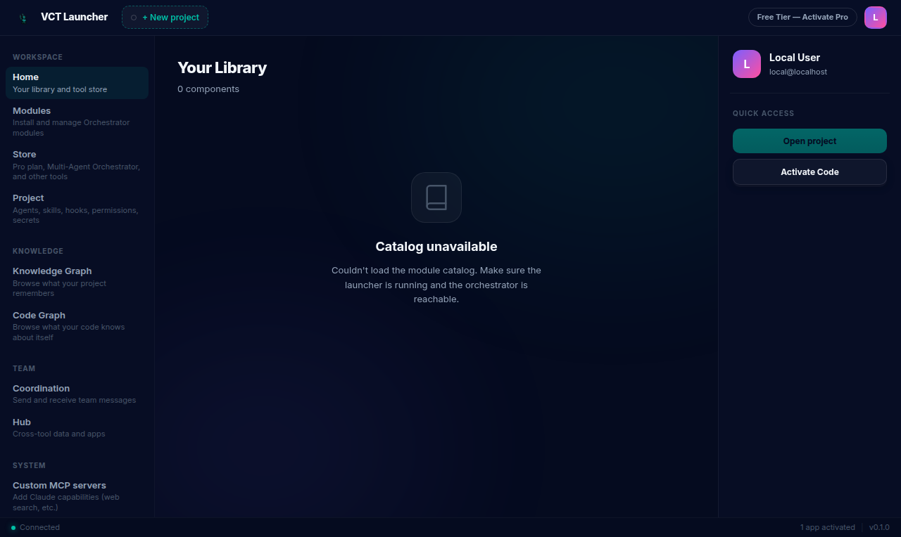 Home del launcher VCT — sidebar Library a sinistra, install fresco senza progetti