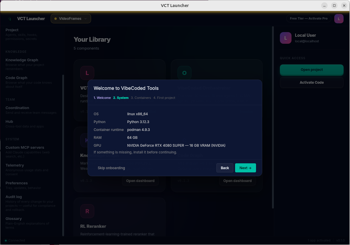 OnboardingWizard step 2 System with detected OS / Python / Container runtime / RAM / GPU
