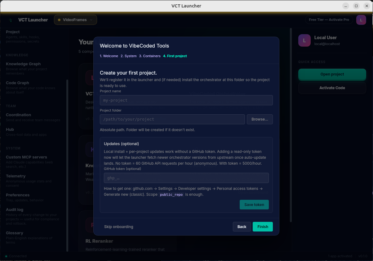 OnboardingWizard step 4 First project with Browse button and GitHub token section